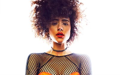 Nathalie Emmanuel, piercing in the nose, curly hair, portrait, english actress, photoshoot