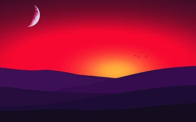 moon, 4k, mountains, sunset, minimal, birds