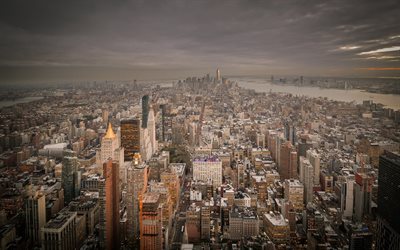 New York, Manhattan, Empire State Building, World Trade Center 1, skyscrapers, cityscape, evening, USA