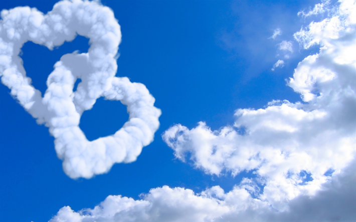 اثنين من قلوب ،, 4k, السماء الزرقاء, الغيوم, مفهوم الحب