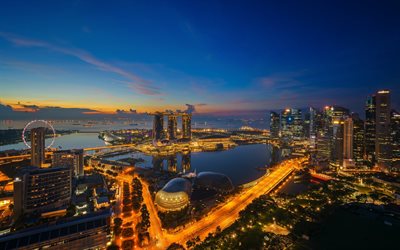 Marina Bay Sands, Singapore, pilvenpiirt&#228;ji&#228;, illalla, moderni arkkitehtuuri