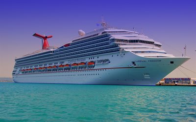 luxury cruise liner, Carnival Freedom, 4k, white ship, sea mortuary, evening, sunset, cruise ship, Conquest-class