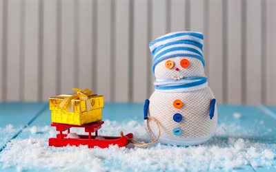 Snowman, sled, New Year, winter, snow, golden gift, Christmas