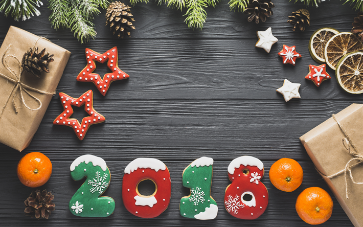 Feliz Ano Novo 2018, biscoito, decora&#231;&#245;es de natal, Novo Ano De 2018, natal, Natal