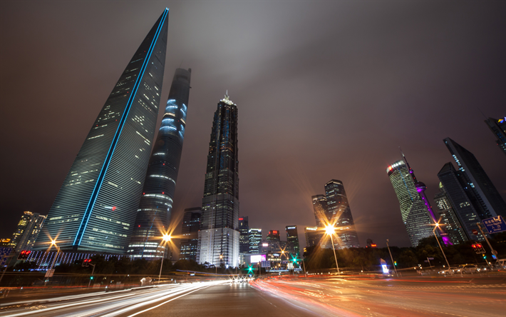 Shanghai, 4k, skyskrapor, natt, Jin Mao Tower, Kina, Asien