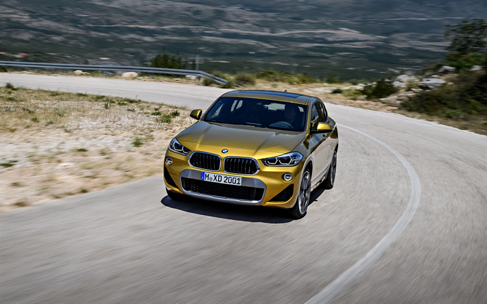 BMW X2, 2018, 4k, F39, 新しいクロスオーバー, 黄色&#215;2, ドイツ車, BMW