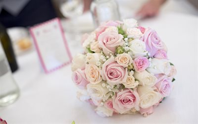 結婚式の花束, ピンク色のバラ, 美しい花束, 結婚式の概念, ブライダルブーケ