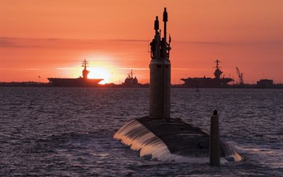 submarino nuclear, la Marina de los EEUU, puesta de sol, mar, nuclear portaaviones, buques de guerra