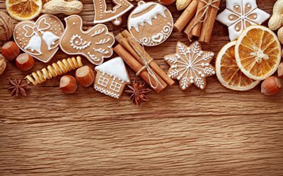 christmas decorations, 4k, Happy New Year, wooden background, christmas bells, xmas, Christmas