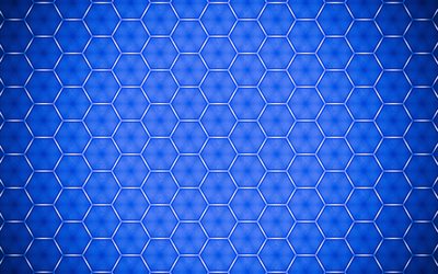 六角形, 4k, 美術, 青色の背景, 創造, グリッド, 六角形質感