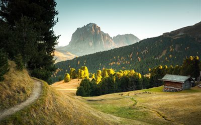 Italy, mountains, autumn, hut, forest, Europe