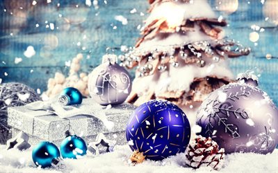 4k, decorazioni di natale, albero di natale, Felice Anno Nuovo, palle di natale, regali di Natale