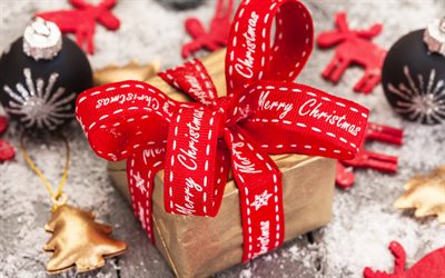 Noel hediyesi, kırmızı ipek yay, 2018, Yeni Yıl, kırmızı kurdele, dekorasyon