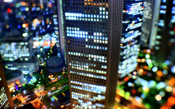 Japan, Tokyo, skyskrapor, bokeh, moderna byggnader, Asien