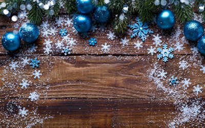 メリークリスマス, 木の背景, 板, 青のボールのクリスマス, 新年, 雪
