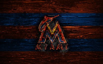 Miami Marlins, fire logo, MLB, orange and blue lines, american baseball team, grunge, baseball, Miami Marlins logo, wooden texture, USA