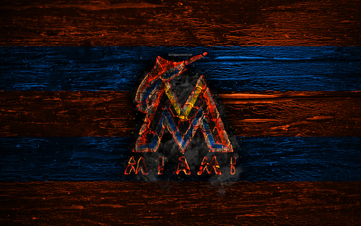 Miami Marlins, fogo logotipo, MLB, a laranja e a azul linhas, americana time de beisebol, grunge, beisebol, Miami Marlins logotipo, textura de madeira, EUA