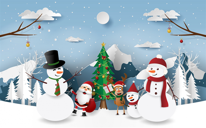 Christmas paper background, winter background, creative Christmas art, snowman, Santa Claus, deer, New Year, Christmas tree