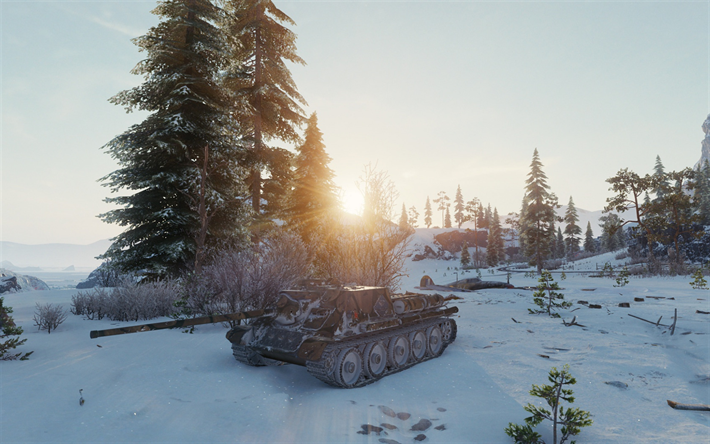 World of Tanks, WoT, SU-100, artiglieria semovente, inverno, neve, serbatoi, online