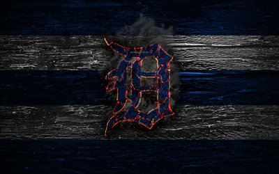 Los Tigres de Detroit, el fuego logotipo, MLB, azul y blanco lines, american equipo de b&#233;isbol, el grunge, el b&#233;isbol, los Tigres de Detroit, logotipo, textura de madera, estados UNIDOS