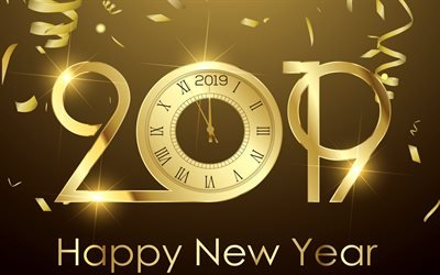 Happy New Year 2019, golden background with clock, background for 2019 postcards, creative art, 2019 concepts, 2019 year