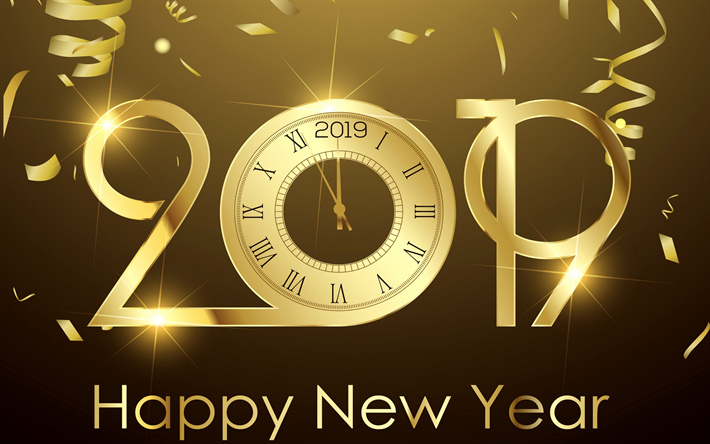 Felice Nuovo Anno 2019, sfondo d&#39;oro con orologio, sfondo per il 2019 cartoline, arte creativa, 2019 concetti, 2019 anno
