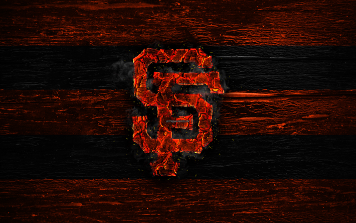 San Francisco Giants, il nuovo logo, MLB, arancione e nero, linee, calciatore di una squadra di baseball, grunge, fuoco, logo, baseball, nuovo logo, di legno, texture, USA