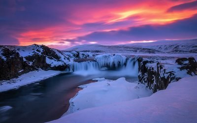 winter landscape, sunset, evening, waterfall, snow, river, Iceland