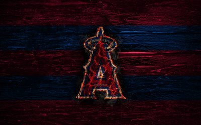 Los Angeles Angels, fuoco, logo, MLB, purple e blue lines, american squadra di baseball, LA Angeli, grunge, baseball, Los Angeles Angels logo, di legno, texture, USA