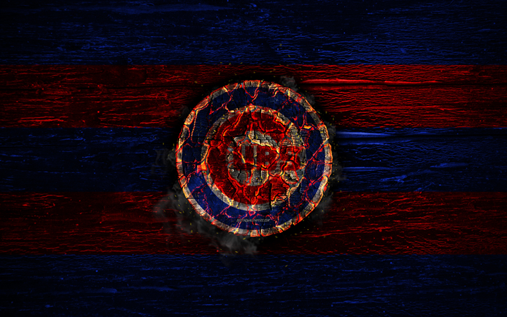 Chicago Cubs, fire logo, MLB, blue and red lines, american baseball team, grunge, baseball, Chicago Cubs logo, wooden texture, USA