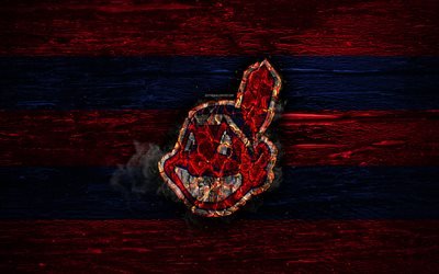 Cleveland Indians, fire logo, MLB, red and blue lines, american baseball team, grunge, baseball, Cleveland Indians logo, wooden texture, USA