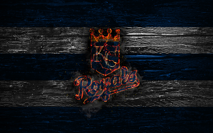 Los Kansas City Royals, el fuego logotipo, MLB, azul y blanco lines, american equipo de b&#233;isbol, el grunge, el b&#233;isbol Kansas City Royals logotipo de madera, textura, estados UNIDOS