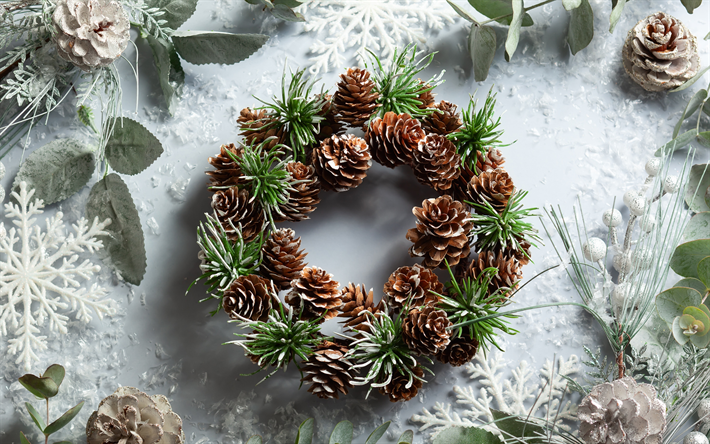 Christmas wreath, New Year, Merry Christmas, white background, wreath of cones, white snowflakes