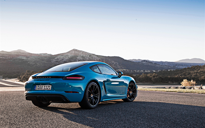 Porsche 718 Cayman GTS, 2019, rear view, new blue 718 Cayman, sports coupe, German sports cars, Porsche