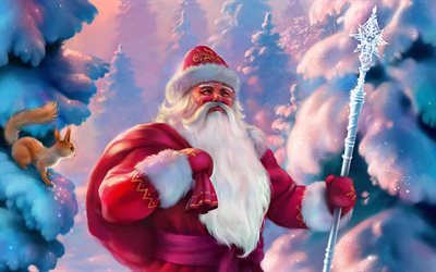 Santa claus dans la for&#234;t, Heureuse Nouvelle Ann&#233;e, nouvel an, no&#235;l, les cadeaux, l&#39;&#233;cureuil