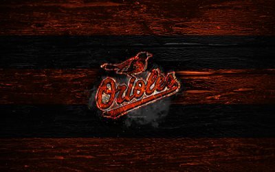 Baltimore Orioles, el fuego logotipo, MLB, naranja y negro lines, american equipo de b&#233;isbol, el grunge, el b&#233;isbol, Baltimore Orioles logotipo de madera, textura, estados UNIDOS