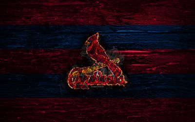 St Louis Cardinals, fire logo, MLB, purple and blue lines, american baseball team, grunge, baseball, St Louis Cardinals logo, wooden texture, USA