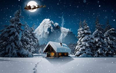 Flying Santa Claus, snowfall, cartoon santa, winter, Happy New year, reindeer, Christmas night, Merry Christmas, xmas, Christmas