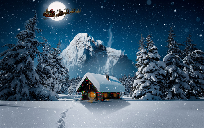 Vol Santa Claus, les chutes de neige, dessin anim&#233; de no&#235;l, d&#39;hiver, Joyeux Nouvel an, le renne, la nuit de No&#235;l, Joyeux No&#235;l, no&#235;l, No&#235;l