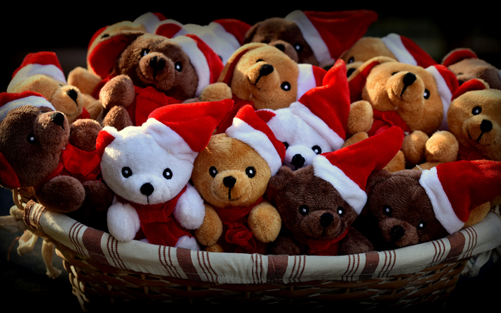 Christmas, New Year, teddy bears, basket with toys, Happy Christmas