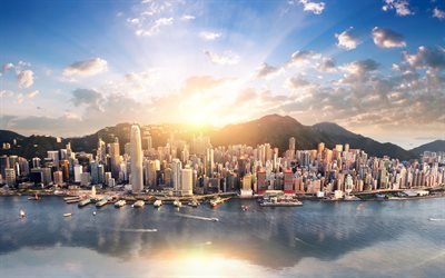 Hong Kong, paysages urbains, le soleil brillant, les bâtiments modernes, les villes chinoises, coucher de soleil, en Asie, en Chine