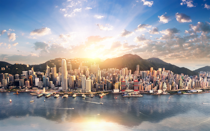 Hong Kong, cityscapes, bright sun, modern buildings, chinese cities, sunset, Asia, China