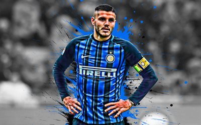 Mauro Icardi, Argentinian footballer, Inter Milan FC, portrait, striker, Internazionale FC, Serie A, blue black paint splashes, art, Italy, football, Icardi