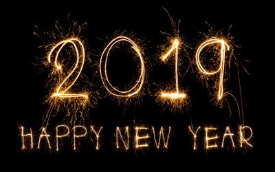 Felice Nuovo Anno 2019, golden fuochi d&#39;artificio, sfondo nero, 2019 concetti, 2019 anno
