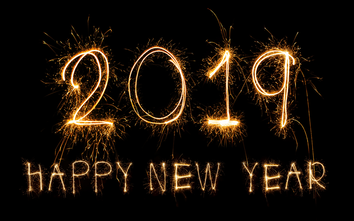 سنة جديدة سعيدة عام 2019, ذهبية الألعاب النارية, خلفية سوداء, 2019 المفاهيم, سنة 2019