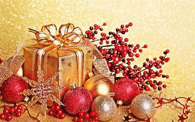 Noel hediyesi, altın kutu, kırmızı Noel topları, altın ipek yay, Mutlu Noeller, Mutlu yıllar
