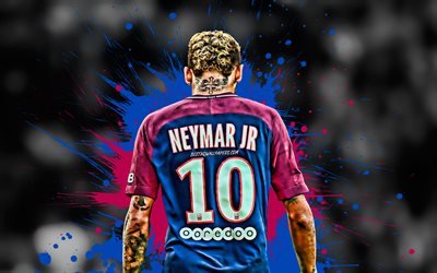 Neymar, blue and purple blots, brazilian footballers, PSG, back view, soccer, Ligue 1, Neymar JR, Paris Saint-Germain, football, grunge, France, Neymar back view