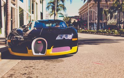 Bugatti Veyron, estrada, supercarros, preto Veyron, Bugatti