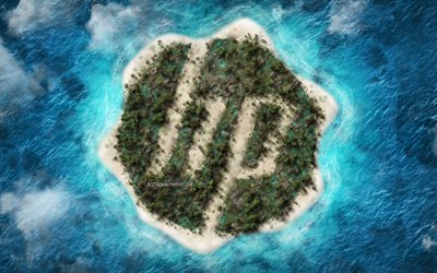 PS, criativo logotipo, Logotipo da Hewlett-Packard, emblema, ilha do logotipo, oceano, ilha tropical