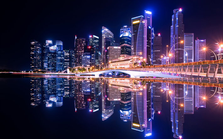 Singapore, 4k, nightscapes, moderni arkkitehtuuri, Marina Bay y&#246;ll&#228;, Aasiassa